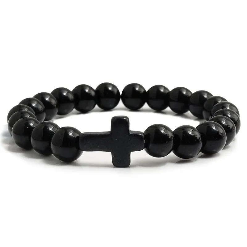 Trendy Jesus Cross Charm Bracelet – Blue Beads & Black Lava Stone 8mm Yoga Jewelry for Men and Women