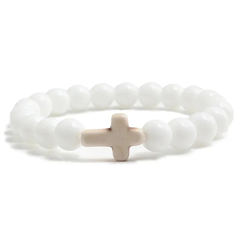 Trendy Jesus Cross Charm Bracelet – Blue Beads & Black Lava Stone 8mm Yoga Jewelry for Men and Women