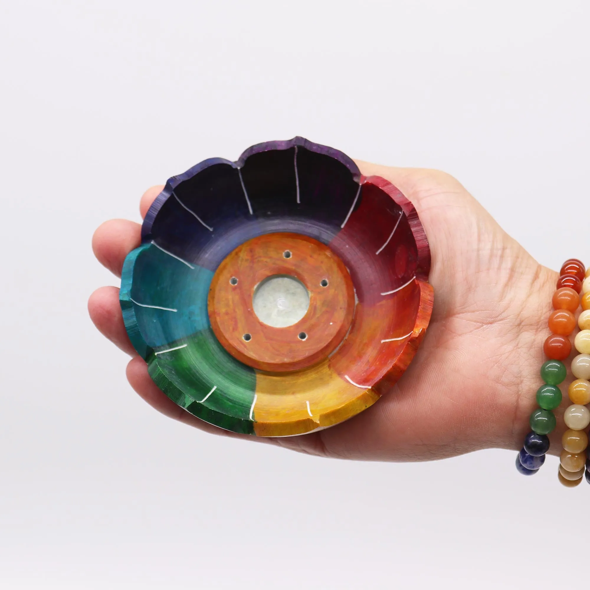 Vibrant Chakra Colors Soapstone Lotus Flower Incense Burner for Meditation & Spiritual Growth