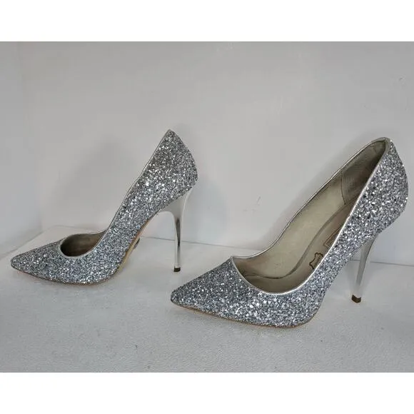 Womens Buffalo London Heels Glitter Silver Leather Lining Shoes SZ EU 38D/US 7.5