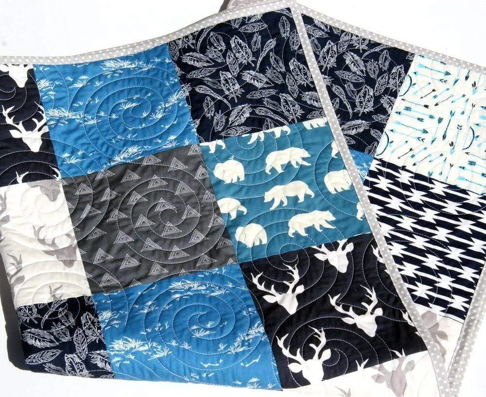 Woodland Boy Quilt Kit, Navy Blue Nursery Bedding, Arrows Deer Buck Aztec
