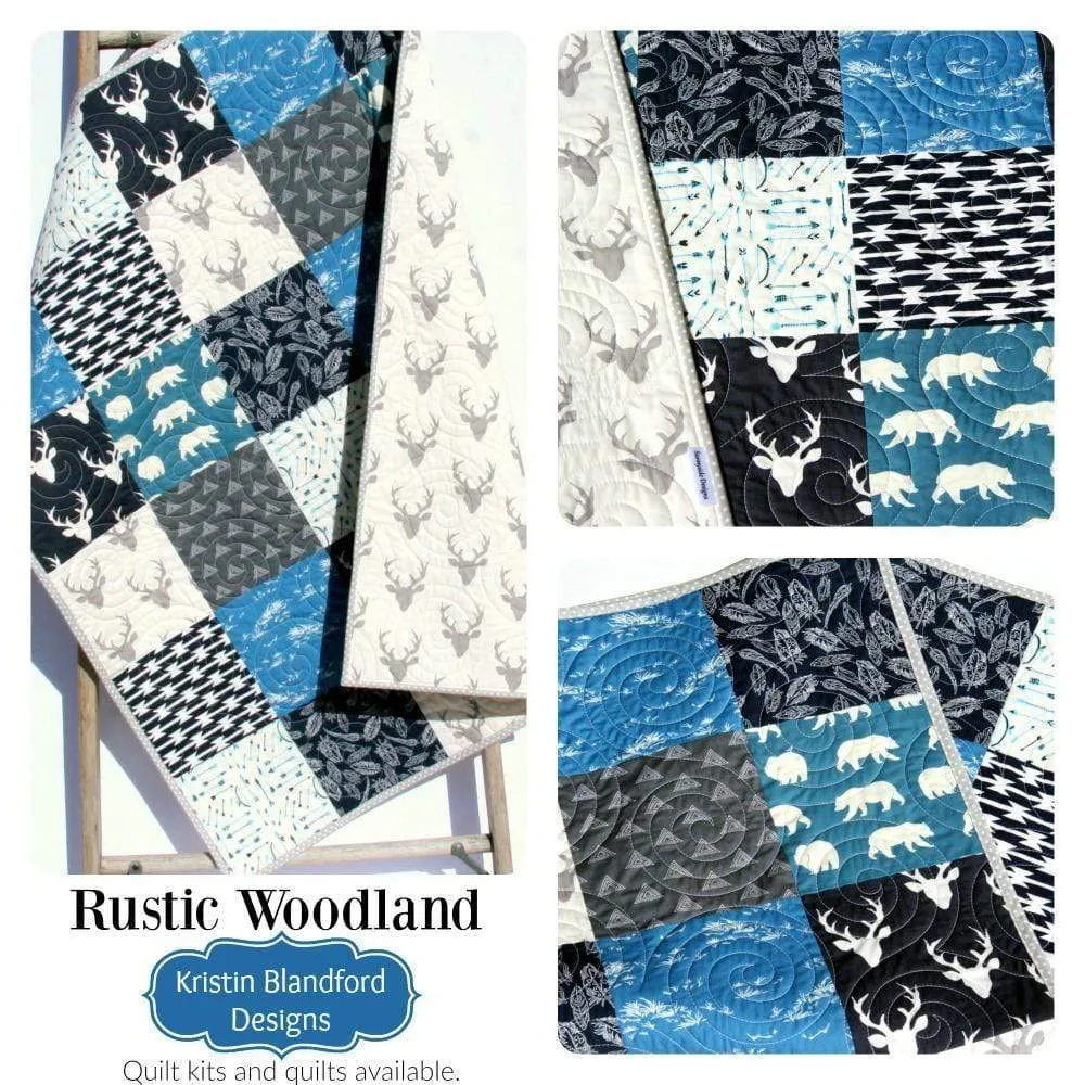 Woodland Boy Quilt Kit, Navy Blue Nursery Bedding, Arrows Deer Buck Aztec