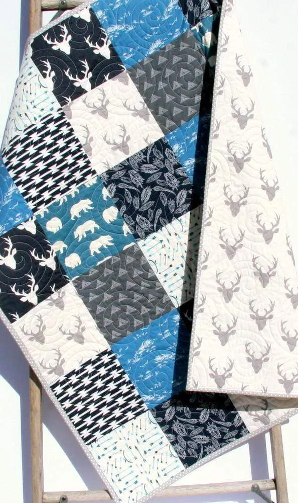 Woodland Boy Quilt Kit, Navy Blue Nursery Bedding, Arrows Deer Buck Aztec
