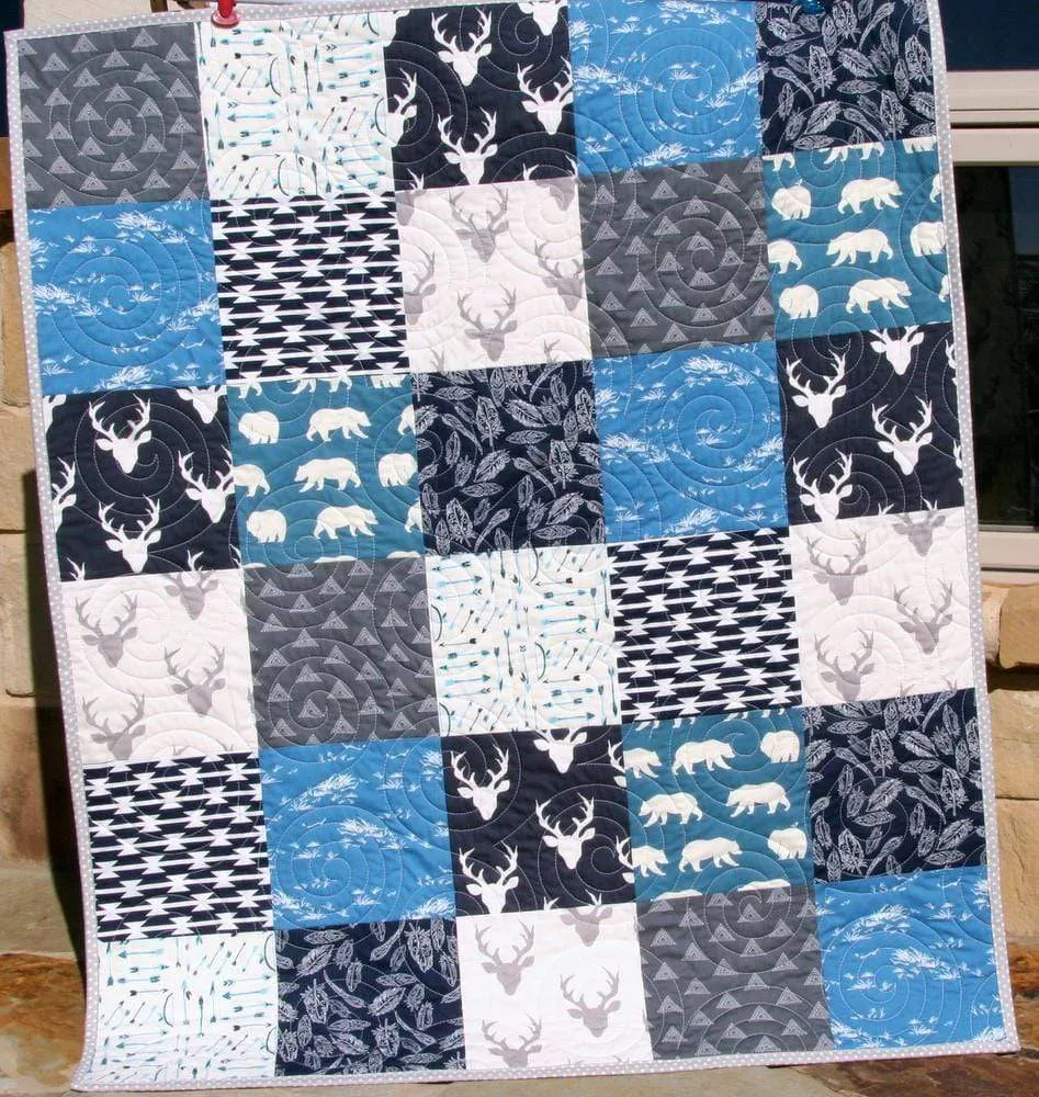 Woodland Boy Quilt Kit, Navy Blue Nursery Bedding, Arrows Deer Buck Aztec
