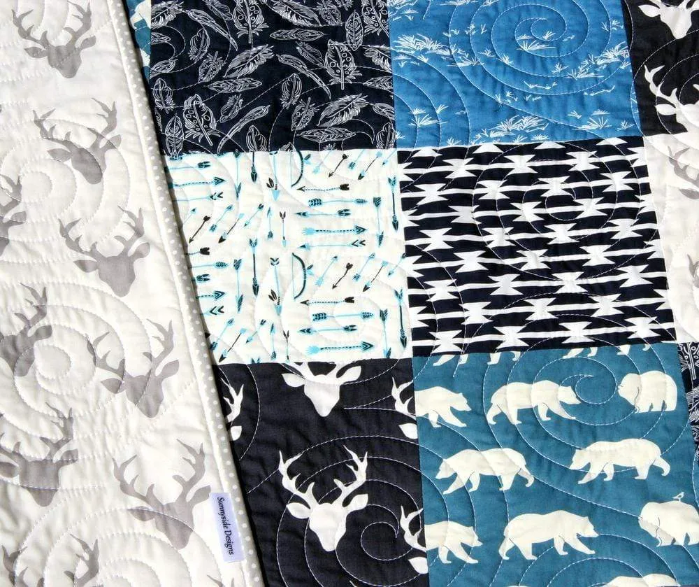 Woodland Boy Quilt Kit, Navy Blue Nursery Bedding, Arrows Deer Buck Aztec