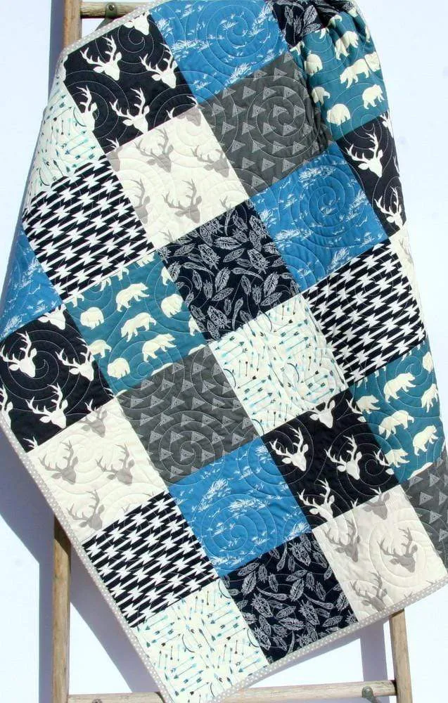 Woodland Boy Quilt Kit, Navy Blue Nursery Bedding, Arrows Deer Buck Aztec