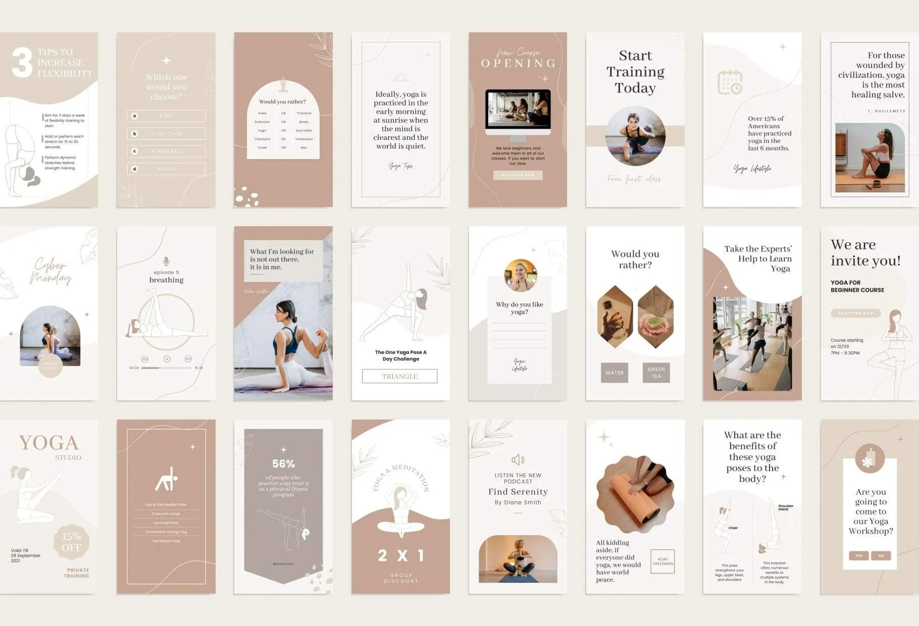 YOGA Elegant 97 Done-for-You Yoga Instagram Stories Fully Editable Canva Templates
