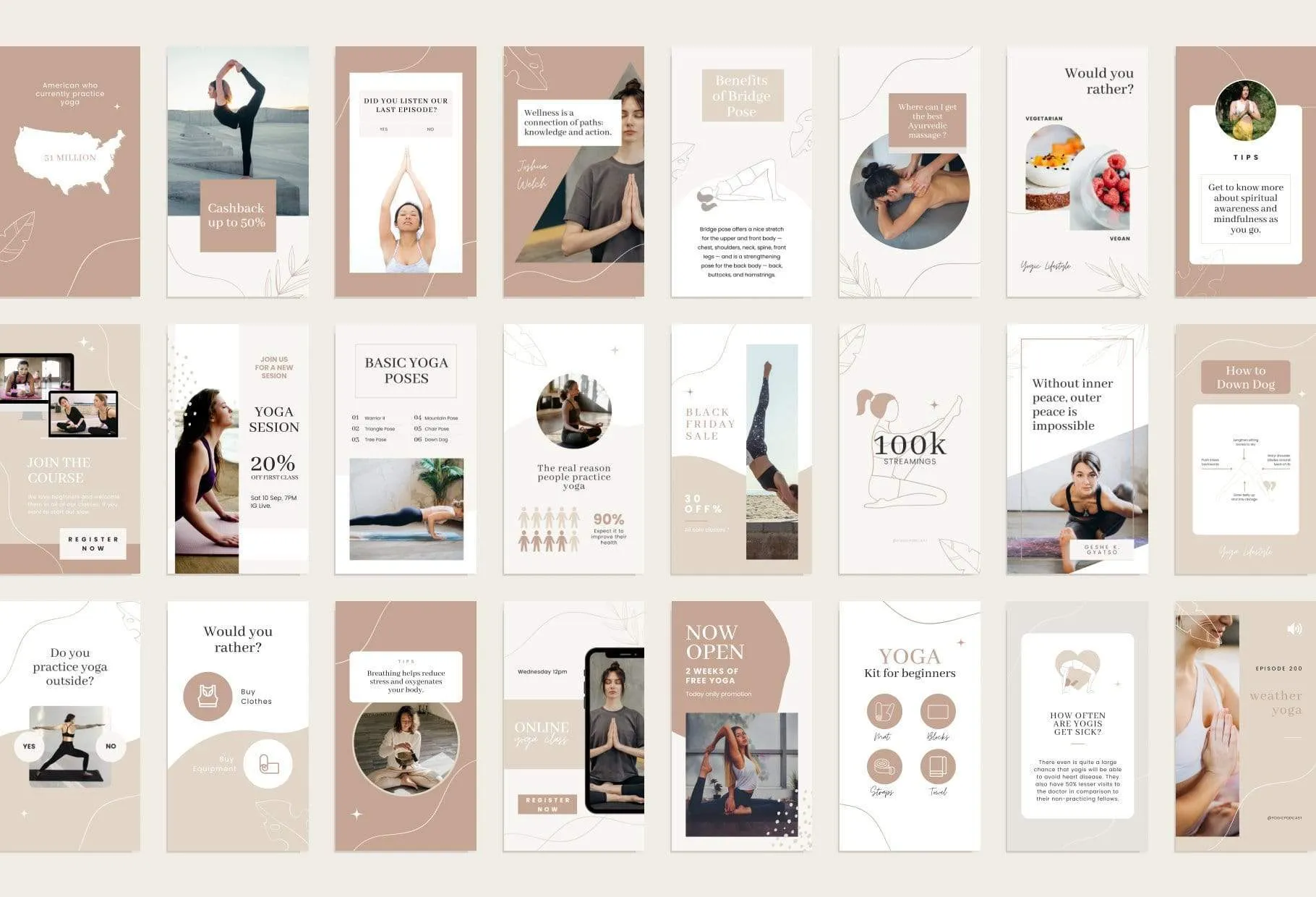 YOGA Elegant 97 Done-for-You Yoga Instagram Stories Fully Editable Canva Templates