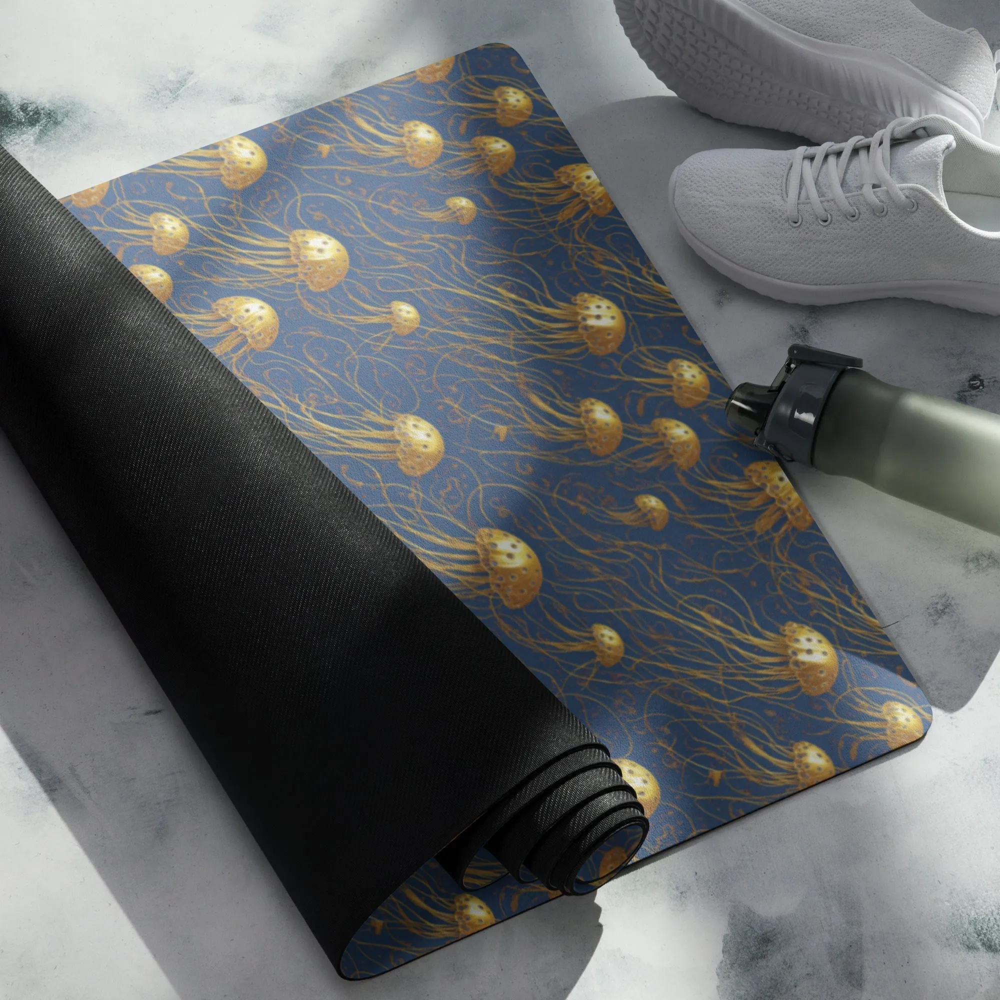 Yoga mat - Blue and Gold Jellyfishes